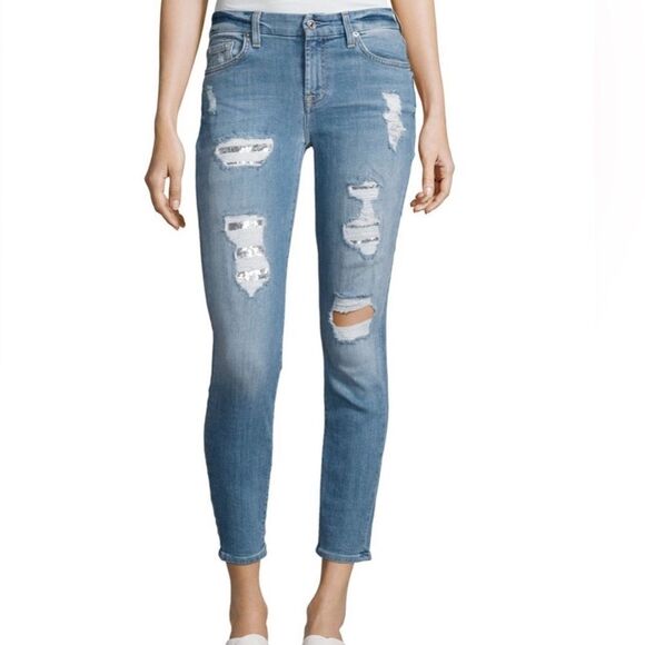 NWT 7 For All Mankind Ankle Skinny Distressed Sequin Jeans - Picture 1 of 12